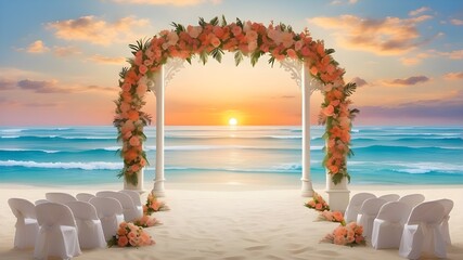 Feel free to adjust the specifications and details to match your specific vision for the sunset beach wedding arch scene. - obrazy, fototapety, plakaty