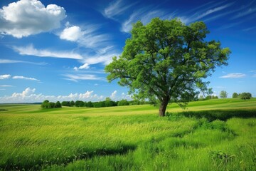 Tranquil Summer Landscape: Beautiful Greenary Field with Lush Trees and Vibrant Nature under Clear