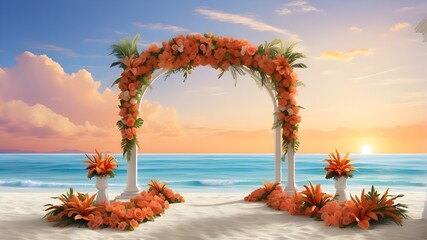 Feel free to adjust the specifications and details to match your specific vision for the sunset beach wedding arch scene. - obrazy, fototapety, plakaty