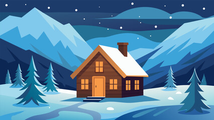 In the depths of winter a stoic wooden cabin stands strong a haven of safety and determination in the face of harsh conditions.. Vector illustration
