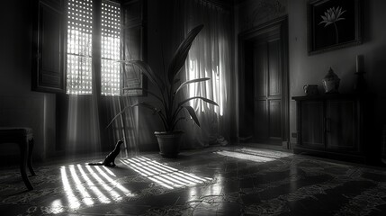  Black-and-white photo of a cat sitting on a room's floor with sunlight streaming through the windows