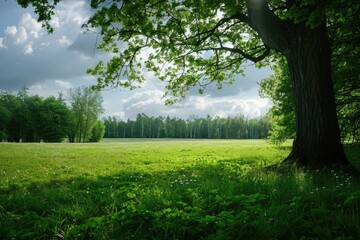 Obraz premium Summer Serenity: A Beautiful Greenery Landscape of Forest Trees, Grass Field, and Blue Sky in Park