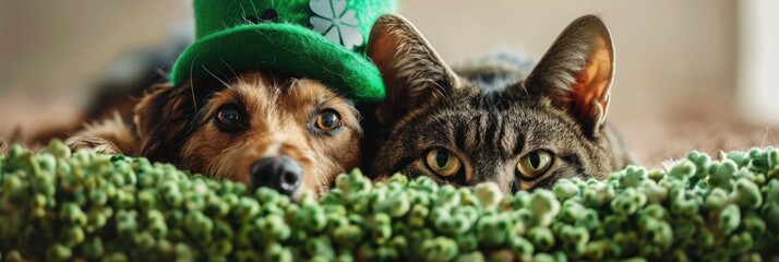 St Patricks Day Dogs and Cats Over Web Banner. Adorable Pets in Irish Apparel Peeking Over