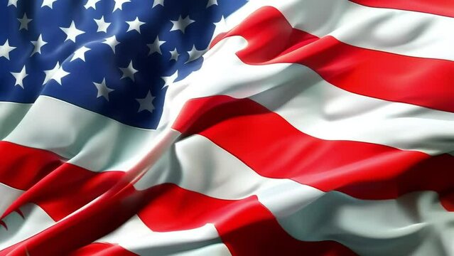 Large American flag with red, white stripes and blue stars. Video of a flag waving in the wind -02