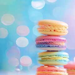 A stack of colorful macarons against a pastel rainbow background.