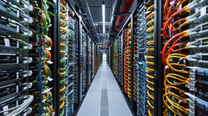 A computer network with many servers and cables - obrazy, fototapety, plakaty