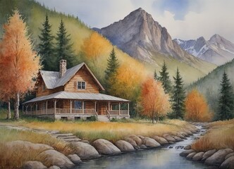 Obraz premium a modest mountain home It is surrounded by numerous mountains next to it. The natural world is breathtaking.
