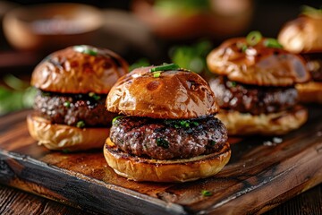 Grilled Beef Hamburger Sliders on a Chopping Board. Color Image of Fast Food Epicure with Brown Bun