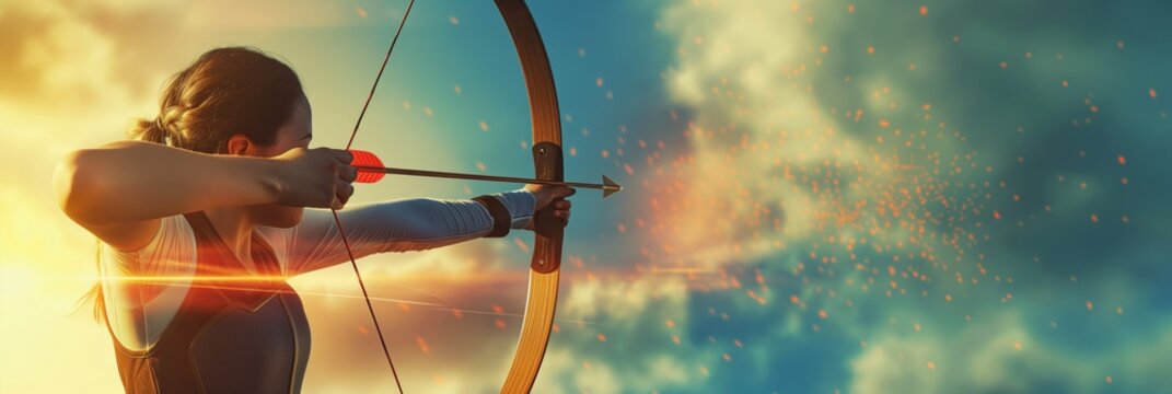 A focused archer is taking aim with precision using a modern recurve bow against a dramatic sunset backdrop