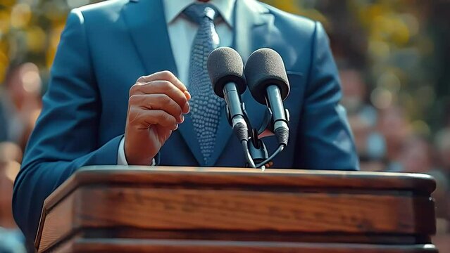 A video of a US presidential candidate delivering a compelling speech from the podium.