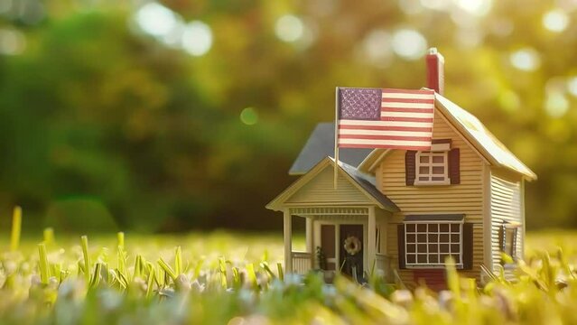 A video Patriotic American flag on a residential building miniature with blurred grass background on a sunny day