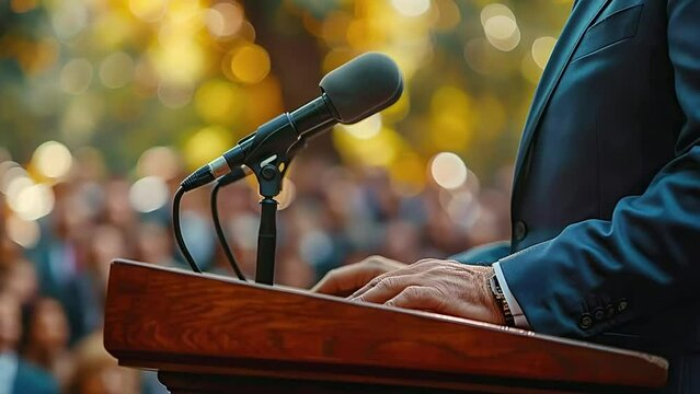 Video of a politician standing firmly on a podium, ready to address an audience with microphones