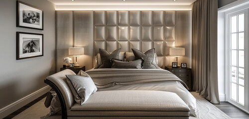 A master bedroom designed with a sophisticated neutral palette, featuring a custom-designed...
