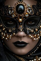 A close up of a woman wearing a black mask with pearls