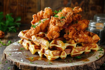 New Modern Chicken and Waffle Delight on Rustic Wooden Countertop