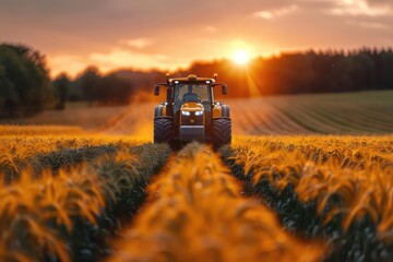 A farmer drives a tractor through a field of wheat at sunset