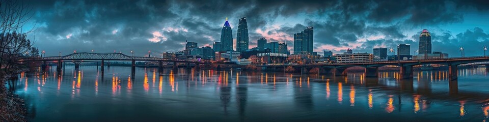 Fototapeta premium Morning Glow: Skyline Over a Bridge and Downtown Business District - Tennessee Travel and