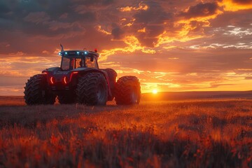 A farmer drives his tractor through a field of wheat as the sun sets behind him
