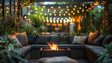 Cozy outdoor seating area with plush cushions and a fire pit, set against a backdrop of twinkling fairy lights