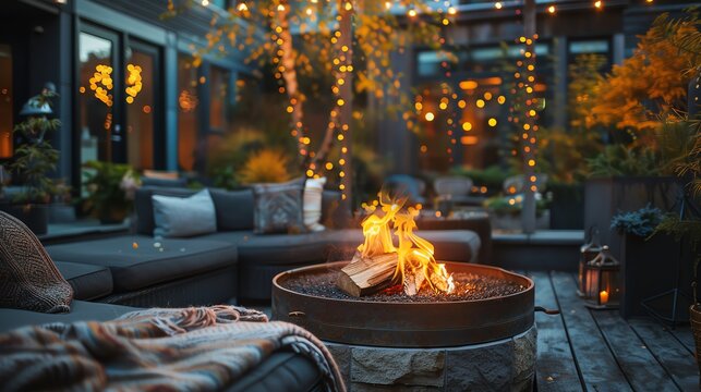 Cozy outdoor seating area with plush cushions and a fire pit, set against a backdrop of twinkling fairy lights