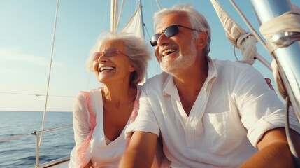 An elderly couple sits in boat or yacht against the backdrop of sea. Happy and smiling. They look at the waves and hug. Sea voyage vacation. Celebrating wedding anniversary, St Valentine's Day concept