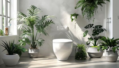 Stylish toilet interior embellished with numerous houseplants