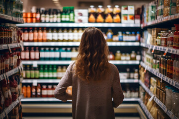 Informed consumer behavior: woman comparing products in grocery store