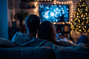 Couple on sofa in living room, watching action movie on TV, criminal blockbuster on streaming service, talking, discussing acting, resting home on weekend. Home theater in modern apartment, rear view