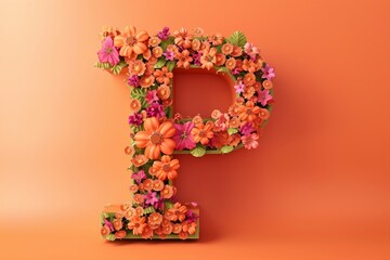 3D Render Letter P with Engraved Flowers on Orange Background