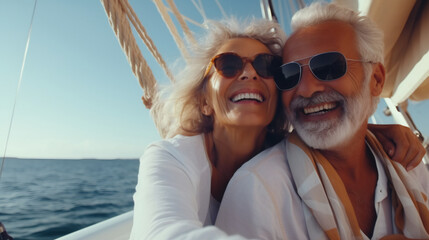 An elderly couple sits in boat or yacht against the backdrop of sea. Happy and smiling. They look at the waves and hug. Sea voyage vacation. Celebrating wedding anniversary, St Valentine's Day concept