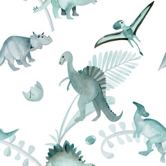 Monochrome seamless watercolor pattern with dinosaurs on a white background combining triceratops, spinosaurus, parasaurolophus and pterodactyl. Ideal for fabric, textiles, wallpaper