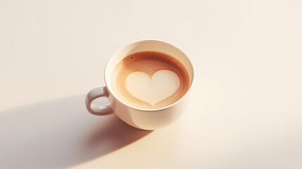 Heart shape coffee cup on sunshine light white background. High key, Copy space, romantic date, love and St Valentine day concept