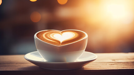 Heart shape coffee cup on wooden table, High key, Copy space, romantic date, love and St Valentine day concept