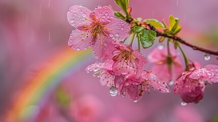   Cherry tree branch with pink flowers and rainbow in the background with raindrops