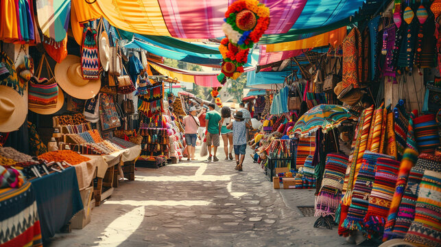 a hive of activity with street merchants offering things from all over the world and customers engaging in a lively exchange of goods and cultures.