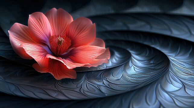   A large, vibrant pink bloom perched atop a blue and silver spiral-patterned backdrop, with an intense scarlet core nestled centrally within the petals