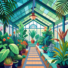 greenhouse with flowers, Lush greenhouse interiors with vibrant plants for gardening or eco-living content.