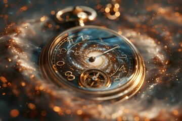 Vintage clock with rapidly rotating hands against the background of a rotating cosmic galaxy. The watch chain forms an infinity symbol, representing the limitless possibilities of time
