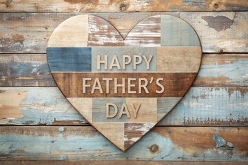 A stylish postcard, a banner for happy Father's Day with a wooden heart on a vintage gray, blue, brown wooden background.