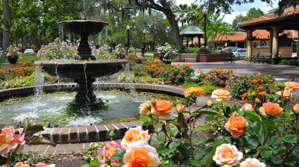 Discover the Charm of Winter Park, Florida: Central Park's Rose Garden and Fountain in Small Town