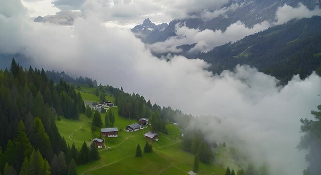 Aerial footage of a drone ascending through clouds, framing Sass de Putia in cloud-kissed Dolomites. Chalets dot lush hills as drone drifts above them. Near La Val, Italy. LuPa Creative. 