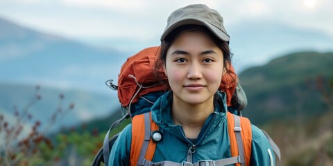 Fototapeta premium A young Asian woman with a backpack smiles in a mountainous outdoor setting, wearing a hat and outdoor gear