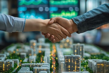 Obraz premium Business handshake over city model