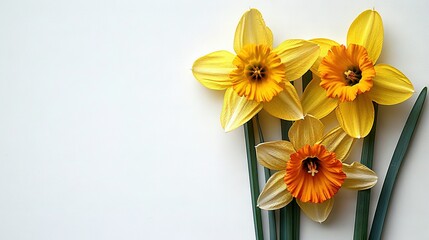   A picture displays a cluster of yellow daffodils on a white background, featuring green stems and a central flower