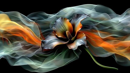   A painting of a flower with orange and white swirls on a black background against a dark background