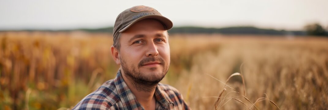 Portrait of a middle-aged man wearing a cap and checkered shirt in a golden wheat field during sunset