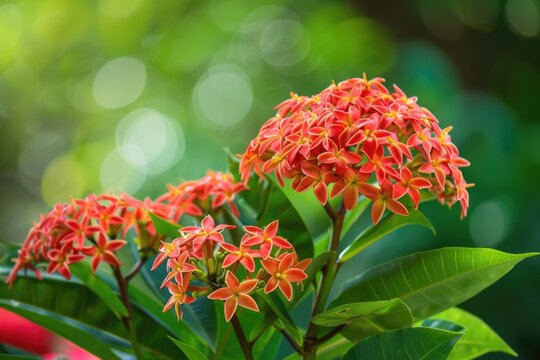 Exotic Beauty of Ixora Coccinea in the Forest: A Bright Blossom of a Flowering Tropical Evergreen