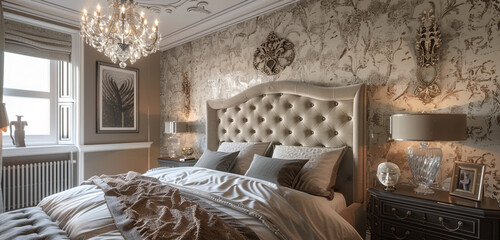 A master bedroom that combines the elegance of a bygone era with modern comforts, featuring a...