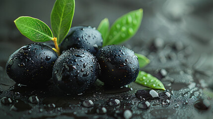 Three Black Olives With Green Leaves on a Silver Surface