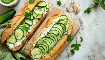 Top view of fresh cucumber and baguette slices on cutting board accompanied by cream cheese and parsley sandwich on a rustic wooden background - Powered by Adobe